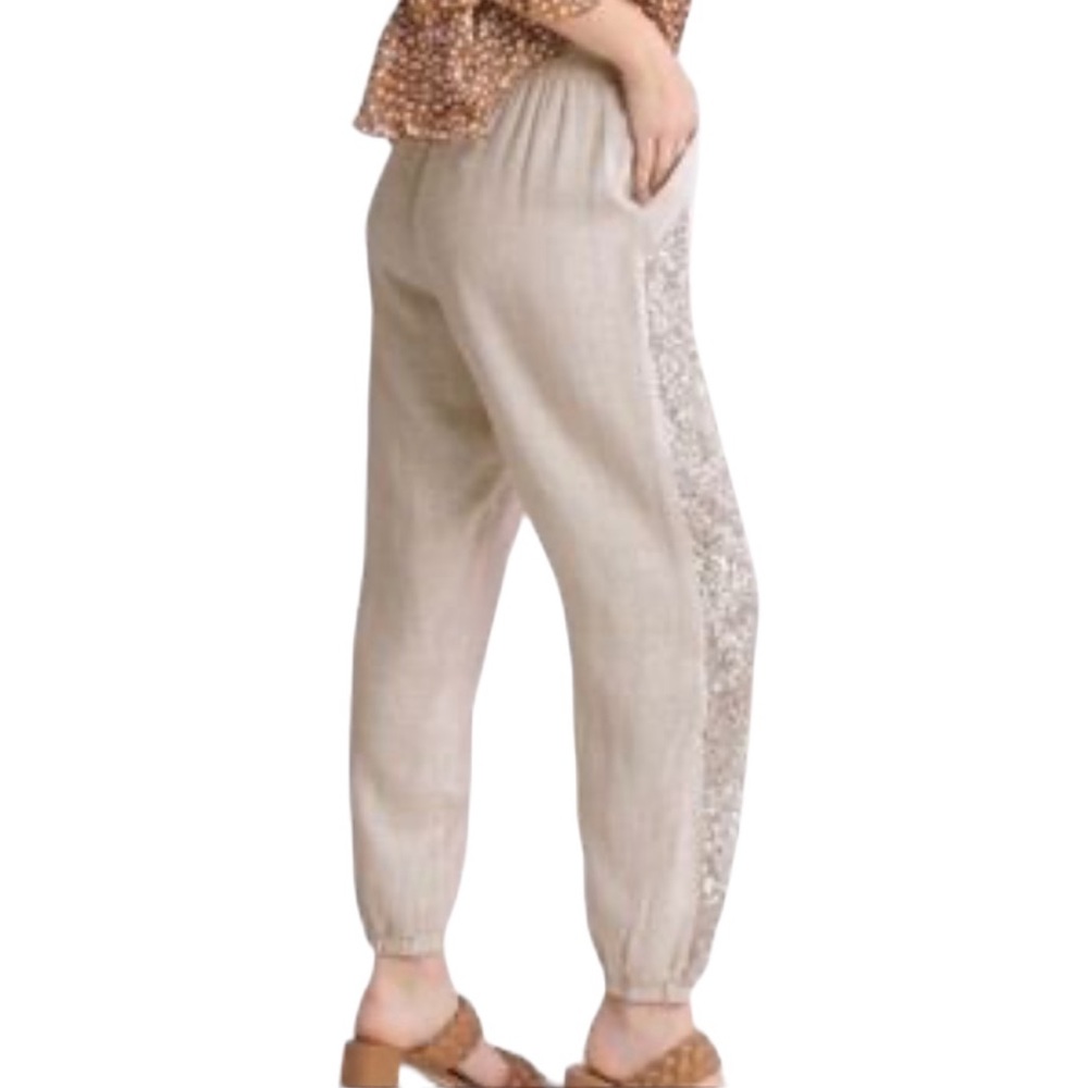 Umgee Beige Linen- Cotton Blend Sequins Pull on Jogger Pants